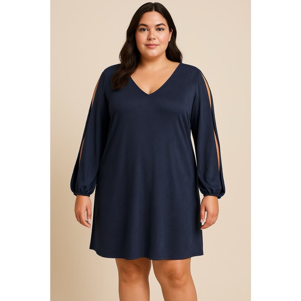 Navy Faux Suede Shift Dress Cato Woman 18/20W Shoulder Slit Sleeves Cozy Luxe